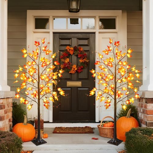 5FT LED Lighted Maple Tree - 2 Pack Fall Harvest Decor for Thanksgiving Halloween