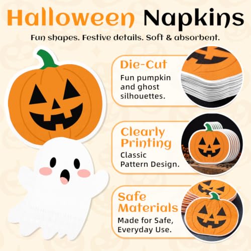 Halloween Ghost and Pumpkin Napkins Set - 100Pcs, Festive Disposable Tableware