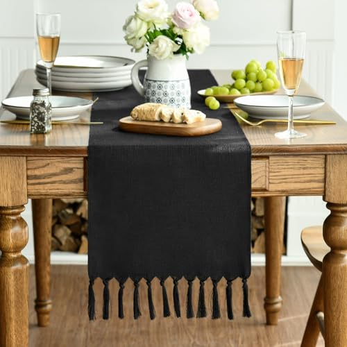 Black Tassel Table Runner - 13 x 36 Inch Halloween Rustic Linen Blend Decor