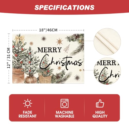 Christmas Placemats Set of 8 - 12x18 Inch Holiday Table Decor, Beige