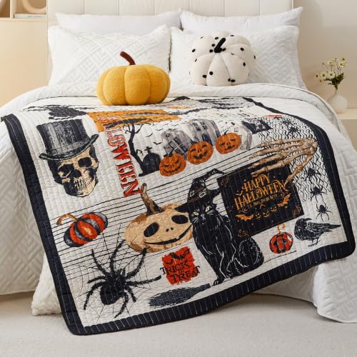 Halloween Throw Blanket Black Cat Pumpkin Spider Skull 50x60 Reversible Decor