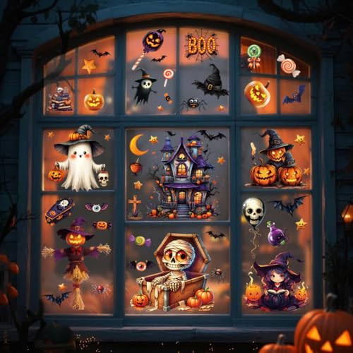 Halloween Window Clings Set - 82PCS Spooky & Cute Ghost Witch Zombie Decor