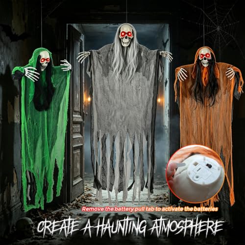 Halloween Hanging Skeleton Ghost Decorations Set with Light Up Red Eyes - Multicolor