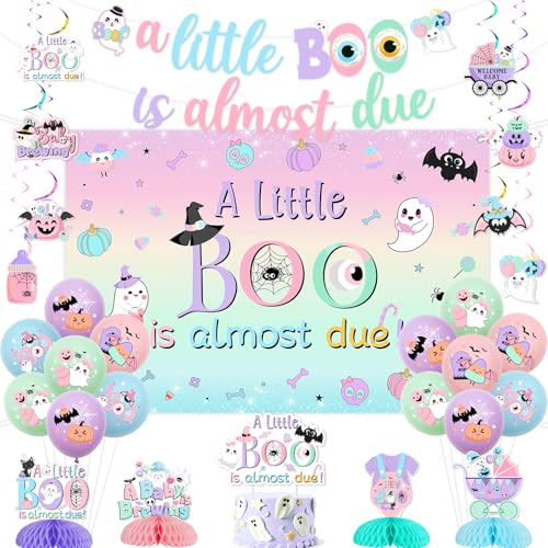 Pastel Halloween Baby Shower Decorations with Banner, Cake Topper & Balloons - A Little Boo Is Almost Due - Variation of Pastel Baby Shower