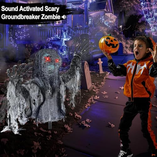 Halloween Animatronic Zombie Groundbreaker with Red Eyes & Swinging Arms