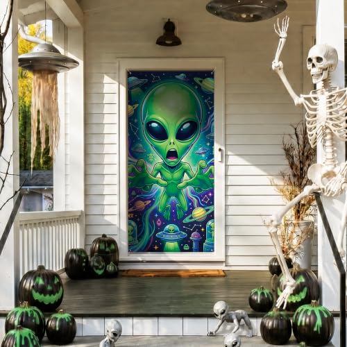 Halloween Alien Door Cover Banner - 3D Reaching Hands, Funny Extraterrestrial Decor, 78x35 Inches