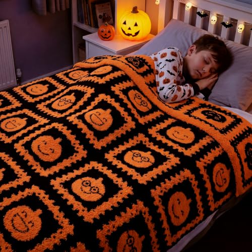 Halloween Pumpkin Face Reversible Knit Throw Blanket - Black and Orange
