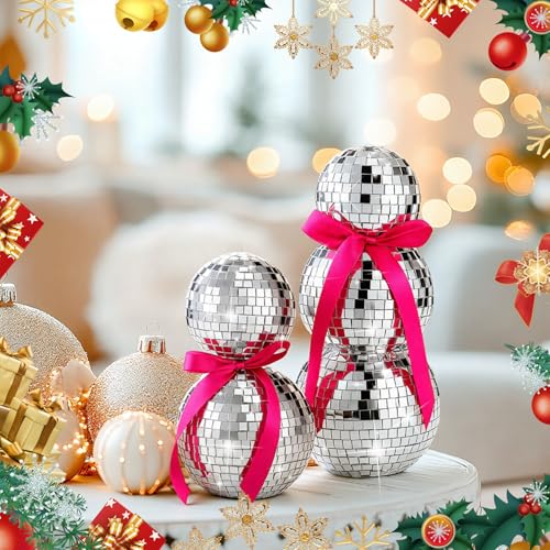 Disco Snowman Decor Set - 8.5 Inch & 6.7 Inch Glitter Mirror Ornaments for Winter & Holiday Parties