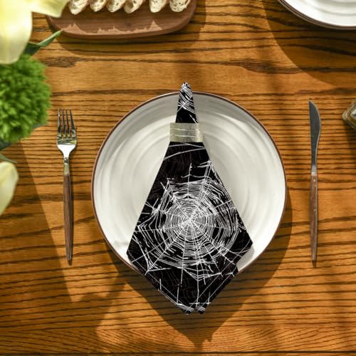 Horaldaily Halloween Cloth Napkins Set of 4 - 18x18 Inches, Black Cobweb Design