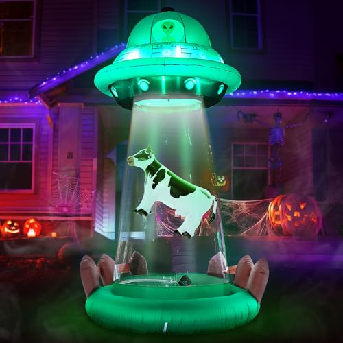 10 FT Halloween Inflatable UFO with Floating Cow - Alien Abduction Scene, Outdoor Decoration