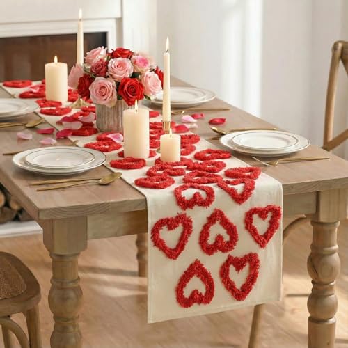 Red Plush Heart Valentines Table Runner 13x36 Inch - Home Decor