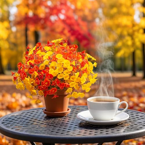 Artificial Fall Flowers Outdoor Decor - 12 Pcs Autumn Fake Plants with UV Resistance & Waterproofing - Fall Mix