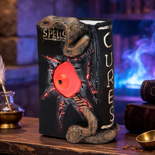 Halloween Spellbook Statue with LED Eyeball and Snake Variation - Spooky Resin Table Decor