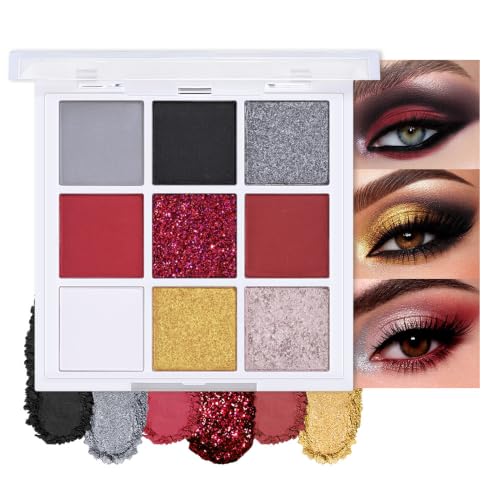 14# Red Eyeshadow Palette - 9 Colors Matte Shimmer Metallic Pressed Powder