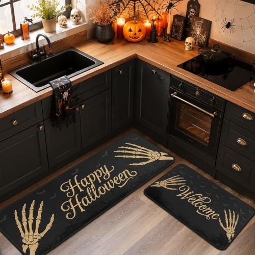 Halloween Kitchen Rug Set of 2 Welcome 1 Non Slip Floor Mats - Pumpkin Ghost