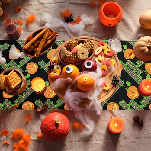 Ghost Face Pumpkin Black Halloween Table Runner - 13x60 Inch Spooky Kitchen Decor, Green & Black Variation