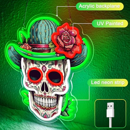 Green Dia De Los Muertos Sugar Skull Neon Sign - Vibrant Day of the Dead Decor