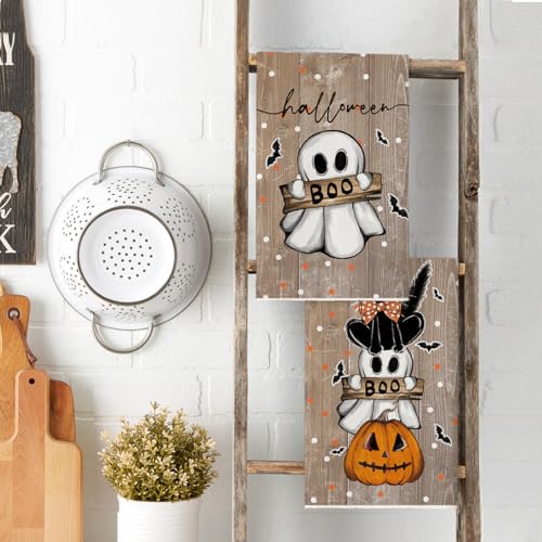 Wood Cat Ghost Halloween Kitchen Towels Set of 2 - 18x26 Inches, Artoid Mode