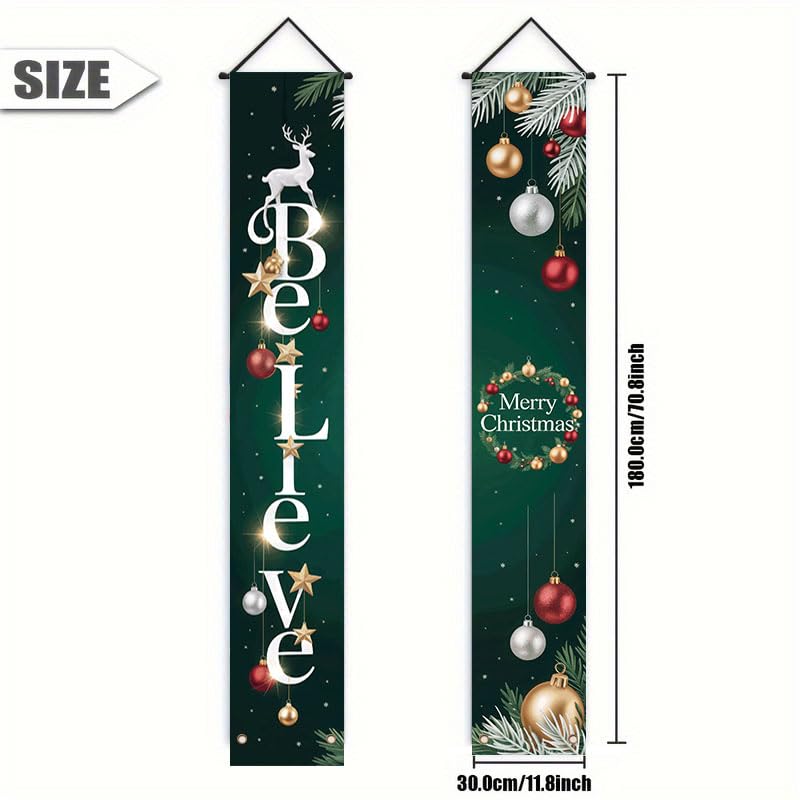 Multicolor 12x71 Inch Christmas Birthday Porch Banner with Pine Branches - Believe