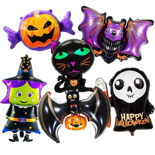 Large Halloween Foil Balloons Set - Bat, Witch, Pumpkin, Black Cat, Skeleton, Ghost & Spider Decorations