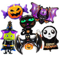 Large Halloween Foil Balloons Set - Bat, Witch, Pumpkin, Black Cat, Skeleton, Ghost & Spider Decorations