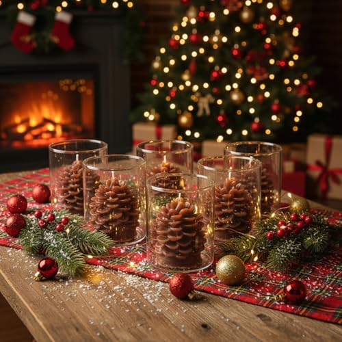 Set of 6 Pine Cone Candles with Glass Containers - Holiday Decor, Christmas, Halloween