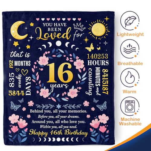 Sweet 16 Birthday Gift Blanket for Girls - 50x60 Cozy Throw with Variation of 16th Birthday / 50x60