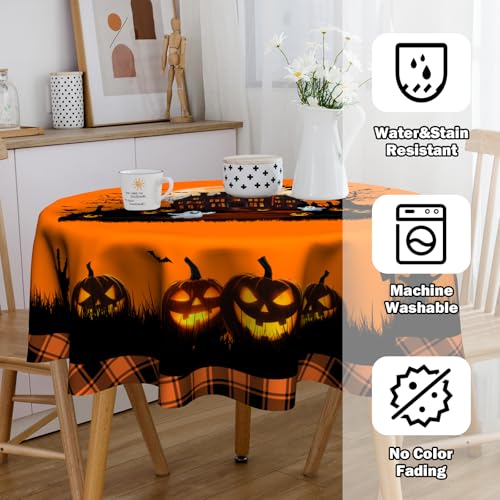 Halloween Castle Round 60 Inch Tablecloth - Pumpkin Ghost Witch Bat Fall Decor