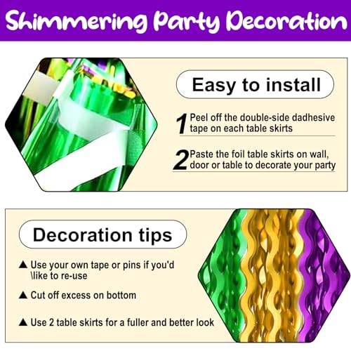 Gold Green Purple Wave Foil Fringe Table Skirts Set - 6 Pack, 29x108 Inches, Party Decorations