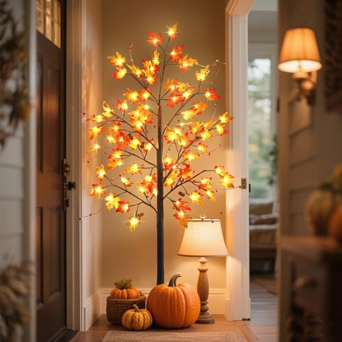 5FT Lighted Maple Tree for Fall & Holiday Decor - Warm White LEDs, Adjustable Branches, Sturdy Base