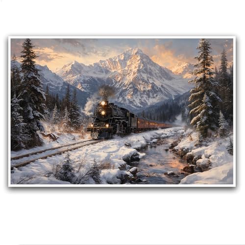 Winter Train Scenery Canvas Wall Art Poster - A01 18x12 Inches, Farmhouse & Living Room Decor