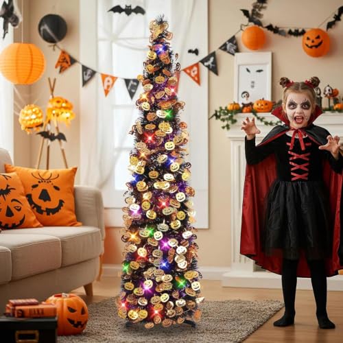 Halloween Tree Decorations with Lights - 5FT Black Purple Collapsible Tinsel Tree with Pumpkins & 8 Lighting Modes