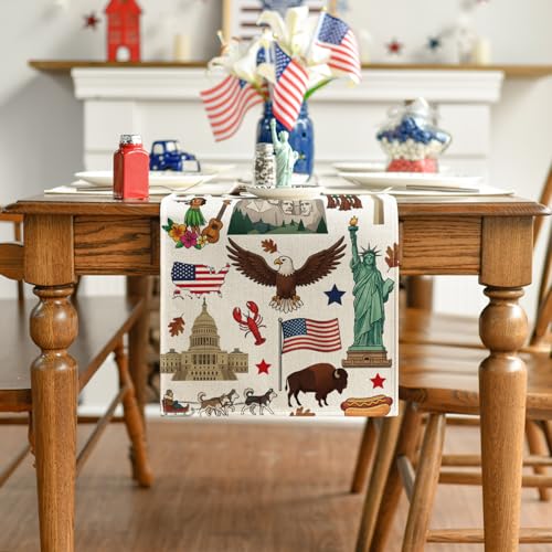 American Flag Map Eagle 13x48 Inch Table Runner - 4th of July Memorial Day Decor Beige