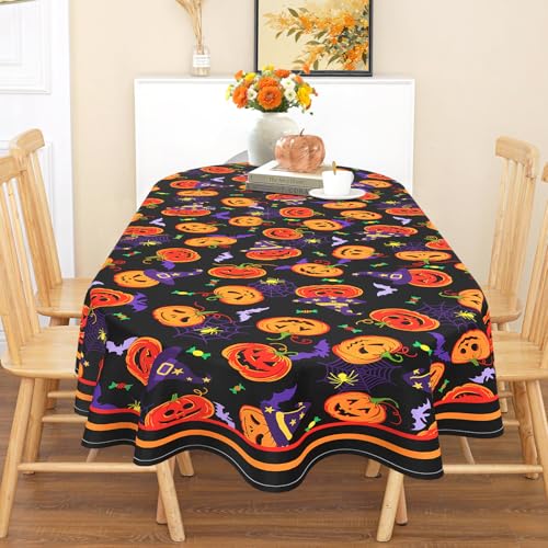 Halloween Oval Tablecloth 60x84 Inch Waterproof Bat Pumpkin Pattern - Washable Party Decor