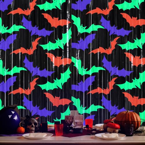 Glow Halloween Backdrop Curtains Neon Streamers Bat Pattern 3.3x6.6 FT - 2 Pack