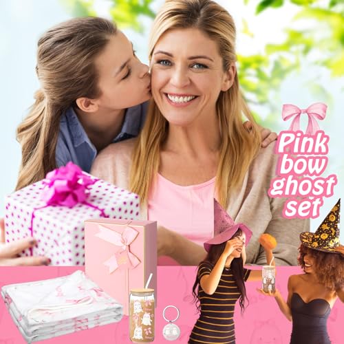Halloween Ghost Gift Set with Pink Bow Glass Cup Blanket & Keychain - For Women
