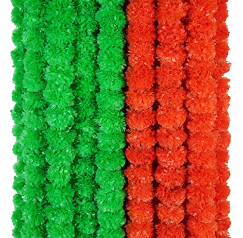 Artificial Marigold Garland Set - 10 Pcs, 4.5 Feet Long for Diwali Weddings Home Decor - Green & Orange Variation of Gold Orange + Green