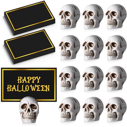12 Set Halloween Skull Place Card Holders with 24 Name Cards - Resin Party Table Decor
