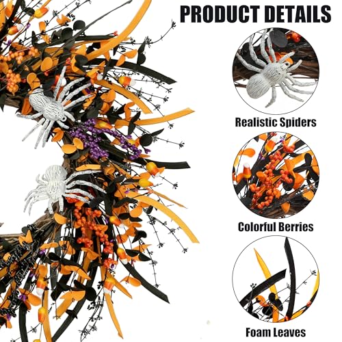 Halloween Wreath 23 Inch Artificial Spider Front Door Decoration - Black