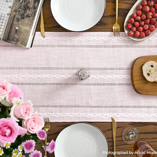 Pink Rustic Cotton Linen Table Runner - 13x72 Inch Seasonal Embroidered Home Decor