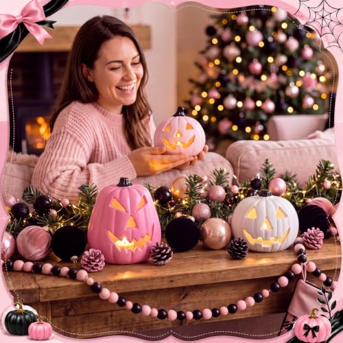 Pink Halloween Pumpkin Decorations Set - Resin Jack O Lanterns with Light-Ready Hollow Bases