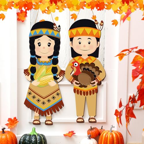 Thanksgiving Pilgrim Hanging Signs Set - Outdoor Fall Decor for Porch & Front Door