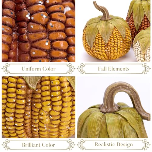 Large Fall Pumpkin Decor Set of 3 - Lifelike Resin Corn Pattern Figurines for Indoor & Outdoor Autumn Thanksgiving Halloween