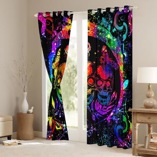 Rainbow Tie Dye Sugar Skull Blackout Curtains Set - 42W x 84L inches, 2 Panels, Halloween Decor