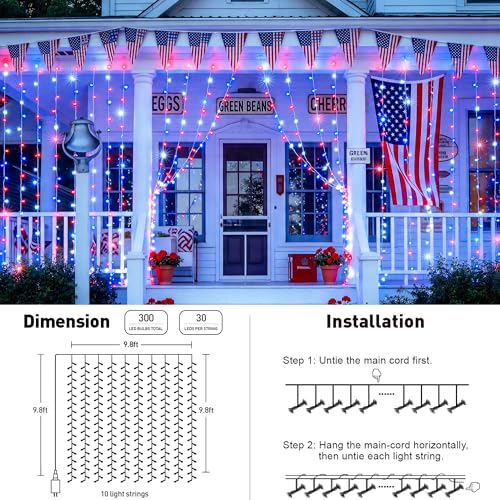 JMEXSUSS 300 LED Curtain Lights for 4th of July - Red White & Blue, 9.8x9.8ft, Outdoor Indoor Decor with Remote