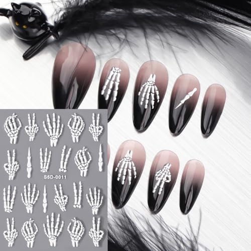 Halloween Skeleton Nail Stickers - 6 Sheets 5D Embossed Skull Decals for Manicure