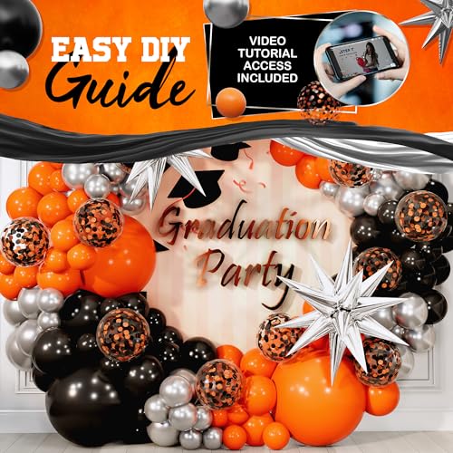 All-in-One Orange and Black Balloon Arch Kit with Garland & Starburst Balloons for Graduation, Halloween, Birthday Decor