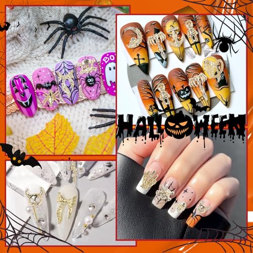 Halloween Nail Charms Set - 70 Gold 3D Skeleton Skull Cross Spiders Spikes