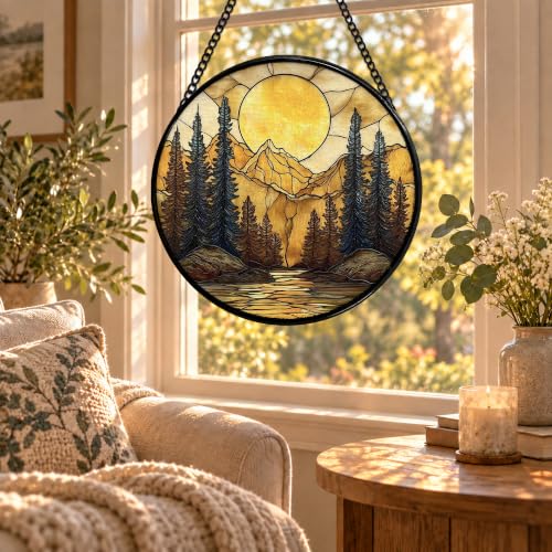 Mountain Sunset Stained Glass Window Hanging - Nature Forest Suncatcher - Color03 - 7.9 Inch