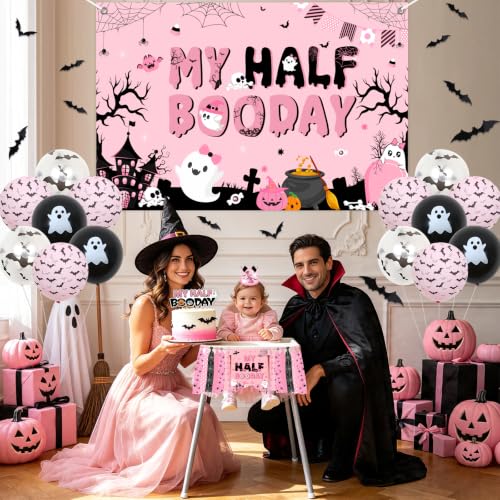 Pink and Black Halloween Half Birthday Decorations Set for Girls | Party Banner, Backdrop, Balloons & Wall Stickers